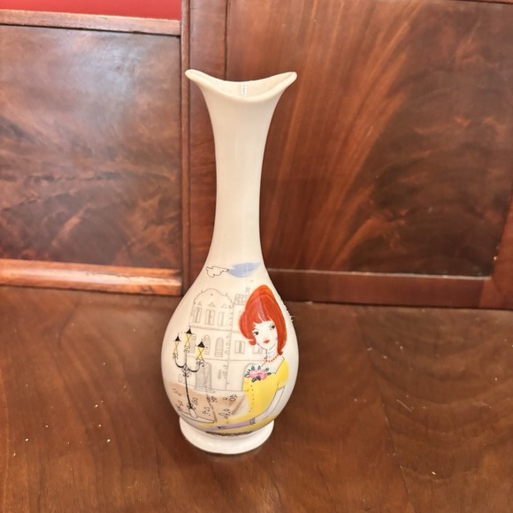 Vintage Enesco Femme Faire Hand Painted Girl Vases Pair Mid Century 6" - Picture 9 of 11